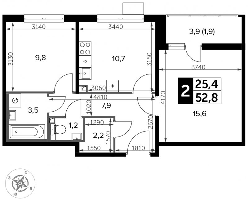 2-комнатная квартира с частичной отделкой, 52.8 м2, 15 этаж, сдача 3 квартал 2023 г., ЖК Южная Битца, корпус 11 - объявление 1658618 - фото №1