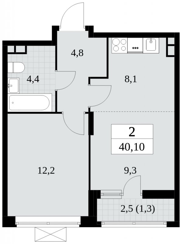 2-комнатная квартира (евро) без отделки, 40.1 м2, 3 этаж, дом сдан, ЖК Прокшино, корпус 6.1 - объявление 2410659 - фото №1