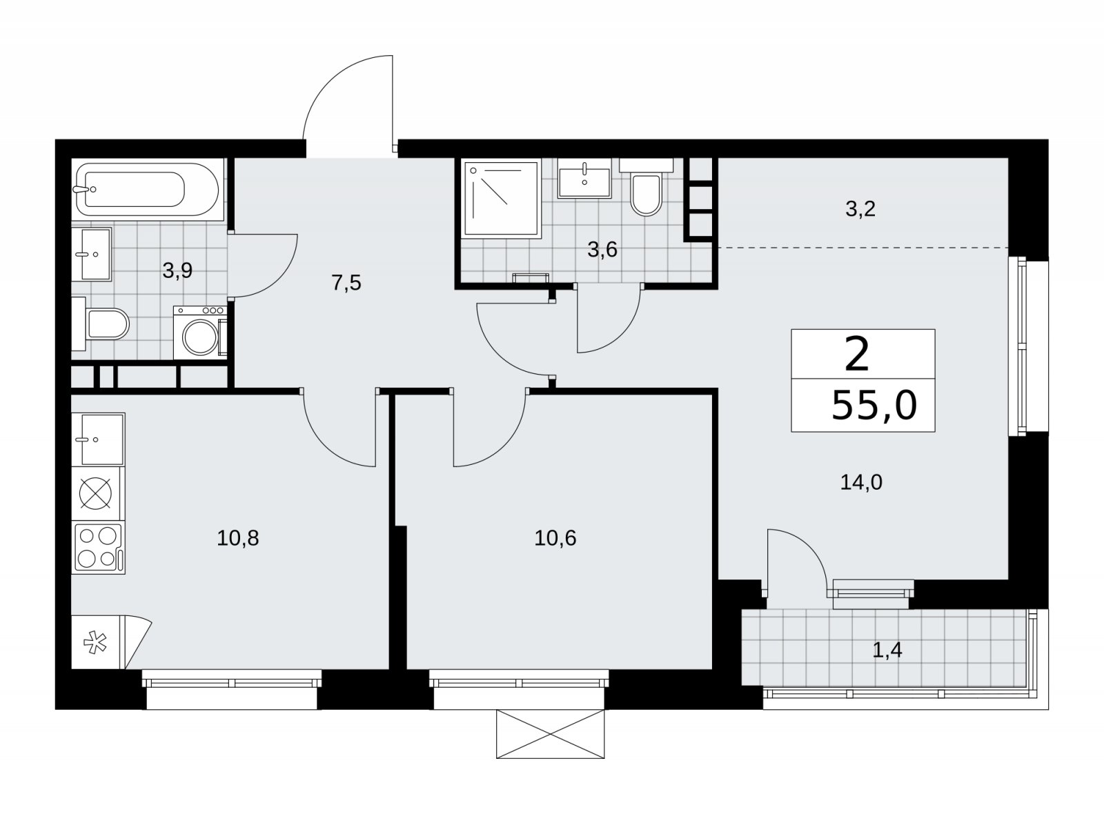 2-комнатная квартира без отделки, 55 м2, 8 этаж, сдача 2 квартал 2026 г., ЖК Скандинавия, корпус 25.4 - объявление 2284214 - фото №1