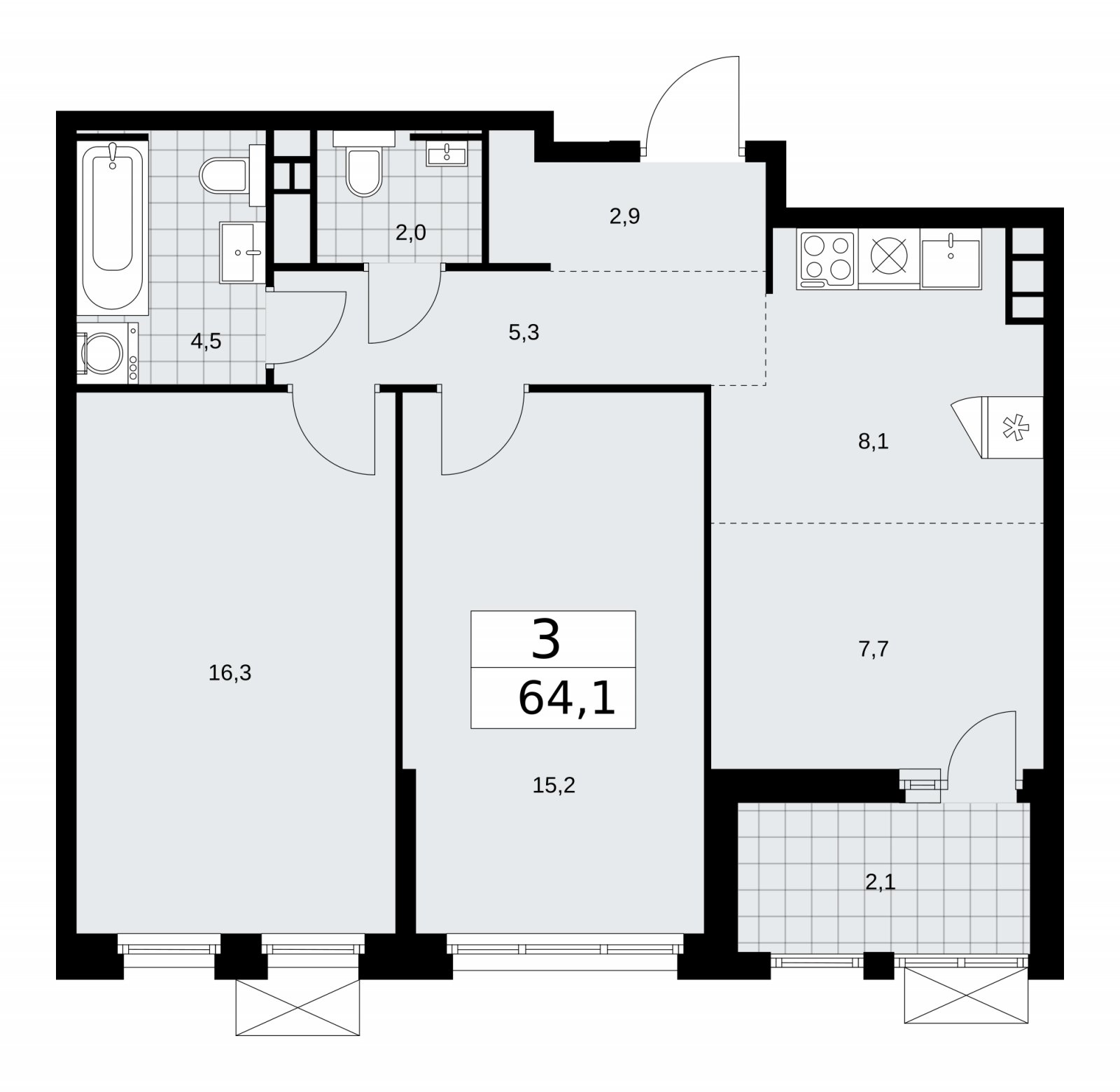 3-комнатная квартира (евро) без отделки, 64.1 м2, 6 этаж, сдача 2 квартал 2026 г., ЖК Скандинавия, корпус 25.6 - объявление 2284268 - фото №1