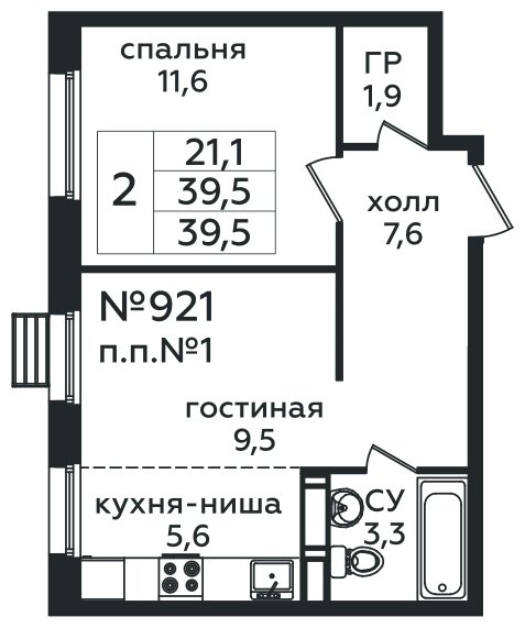 2-комнатная квартира (евро) без отделки, 39.5 м2, 9 этаж, сдача 4 квартал 2025 г., ЖК Эко Бунино, корпус Я-18-19 - объявление 2271542 - фото №1