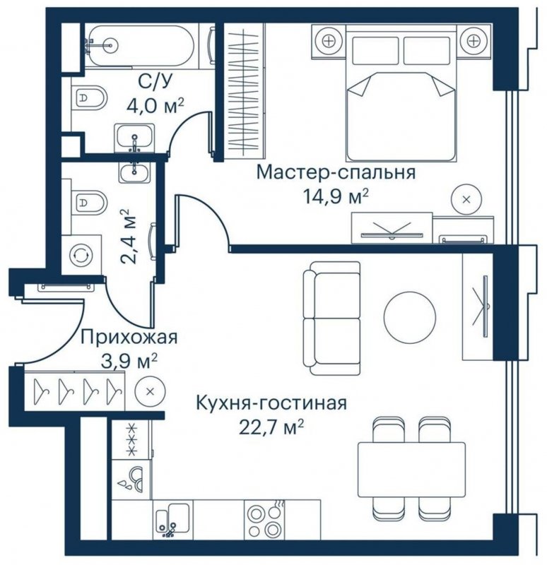 1-комнатная квартира с частичной отделкой, 47.96 м2, 12 этаж, сдача 2 квартал 2023 г., ЖК City Bay, корпус Indian Ocean 2 - объявление 1671442 - фото №1
