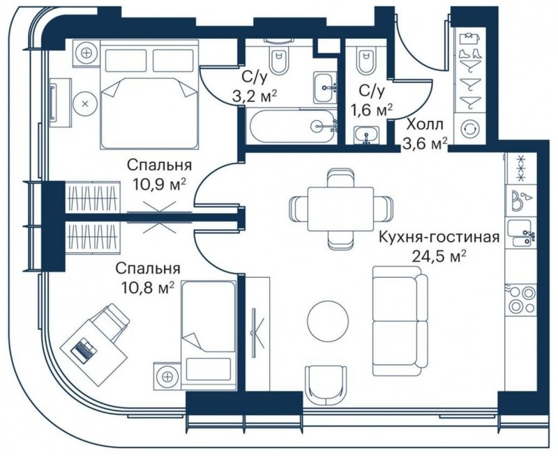 2-комнатная квартира с частичной отделкой, 54.6 м2, 8 этаж, сдача 4 квартал 2023 г., ЖК City Bay, корпус Atlantic Ocean 1 - объявление 1710925 - фото №1
