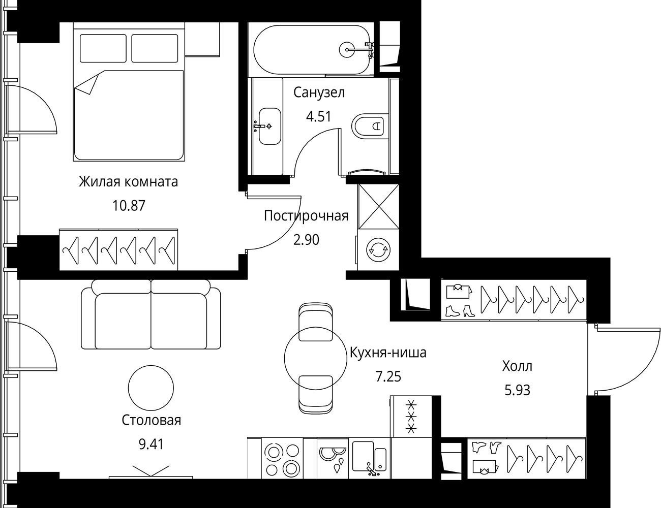 1-комнатная квартира с частичной отделкой, 40.88 м2, 43 этаж, сдача 3 квартал 2026 г., ЖК City Bay, корпус North Ocean 8 - объявление 2277717 - фото №1