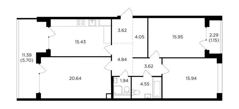 3-комнатная квартира без отделки, 97.43 м2, 14 этаж, дом сдан, ЖК RiverSky, корпус 2 - объявление 1675096 - фото №1