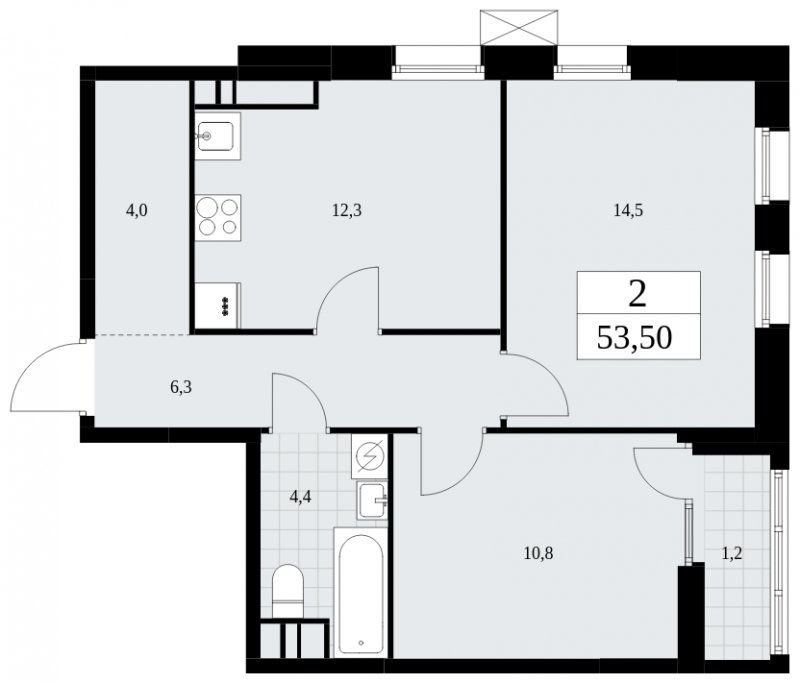 2-комнатная квартира с частичной отделкой, 53.5 м2, 14 этаж, сдача 1 квартал 2025 г., ЖК Дзен-кварталы, корпус 1.1 - объявление 1895584 - фото №1