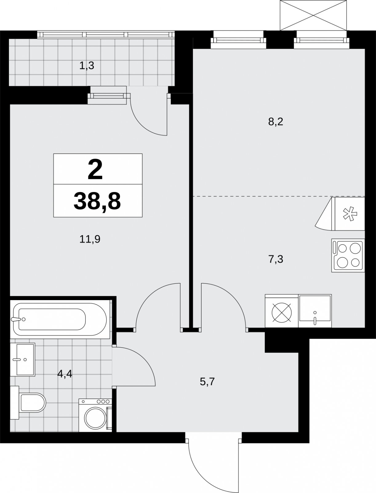 2-комнатная квартира (евро) без отделки, 38.8 м2, 5 этаж, сдача 1 квартал 2026 г., ЖК Дзен-кварталы, корпус 6.2.1 - объявление 2328368 - фото №1