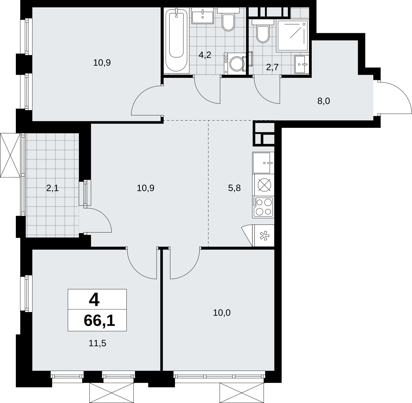 4-комнатная квартира (евро) без отделки, 66.1 м2, 17 этаж, сдача 4 квартал 2026 г., ЖК Скандинавия, корпус 2.18.1.3 - объявление 2350899 - фото №1