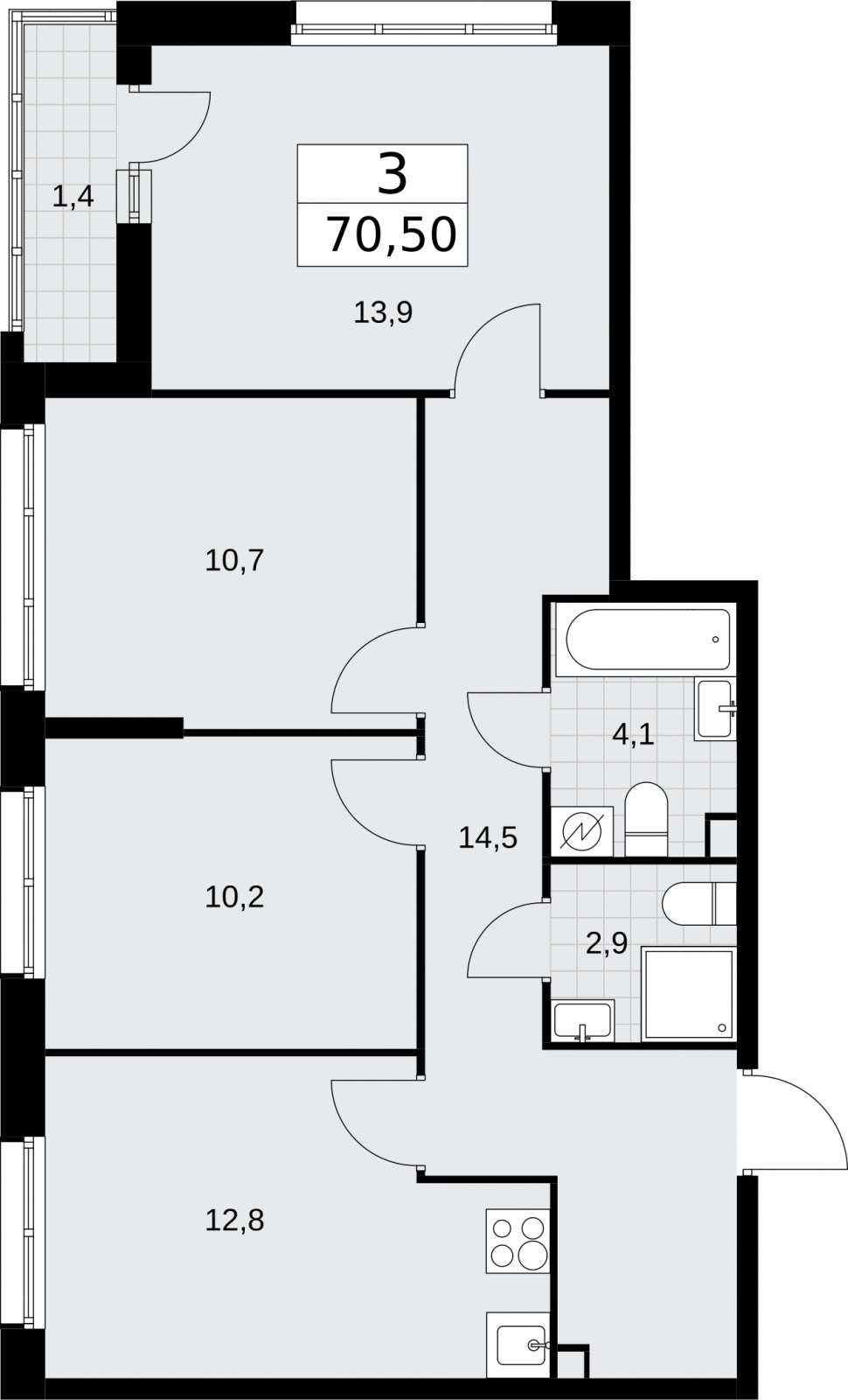 3-комнатная квартира с полной отделкой, 70.5 м2, 2 этаж, сдача 4 квартал 2026 г., ЖК Родные кварталы, корпус 1.2 - объявление 2317796 - фото №1