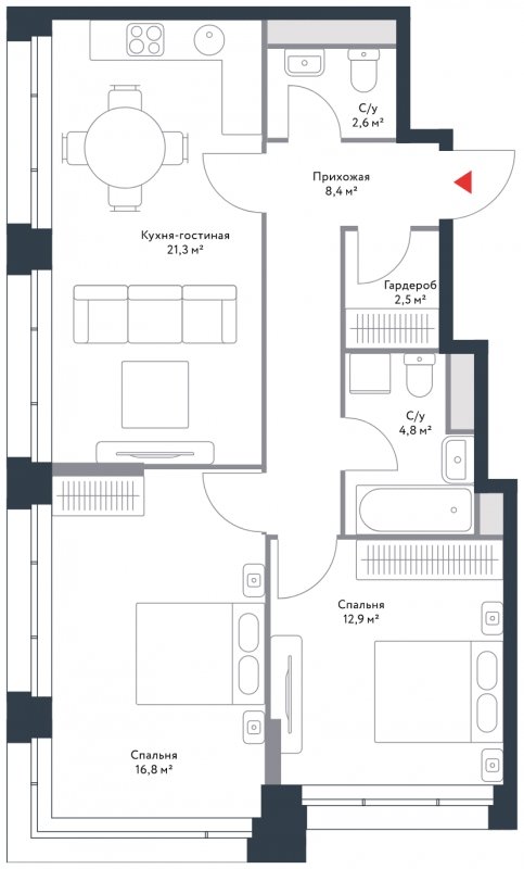 3-комнатная квартира 69.3 м2, 4 этаж, дом сдан, ЖК Ривер парк, корпус 4 - объявление 1564001 - фото №1