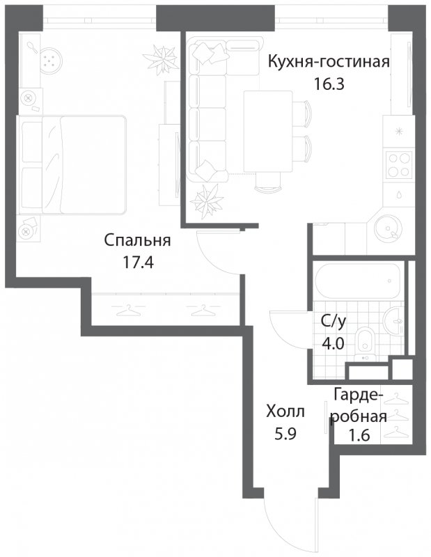 1-комнатная квартира без отделки, 45.2 м2, 3 этаж, сдача 3 квартал 2025 г., ЖК Nagatino i-Land, корпус 2 (3 очередь) - объявление 1786038 - фото №1