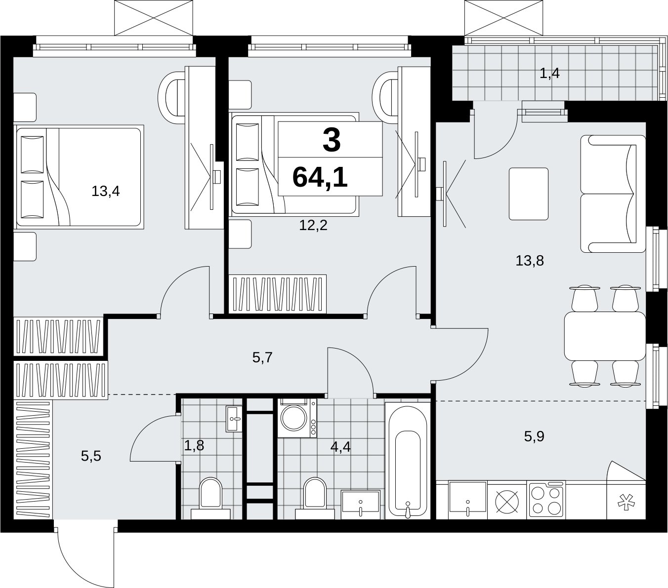 3-комнатная квартира (евро) с полной отделкой, 64.1 м2, 13 этаж, сдача 1 квартал 2027 г., ЖК Скандинавия, корпус 2.18.2.1 - объявление 2351164 - фото №1