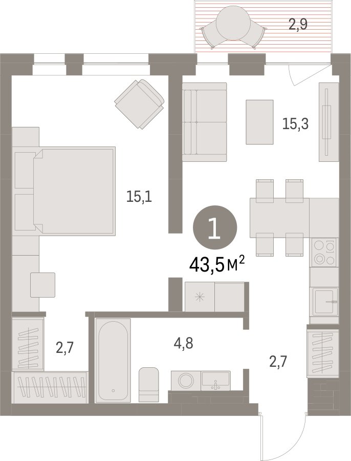 1-комнатная квартира с частичной отделкой, 43.52 м2, 4 этаж, сдача 1 квартал 2025 г., ЖК Первый квартал, корпус Дом 5 - объявление 2281405 - фото №1