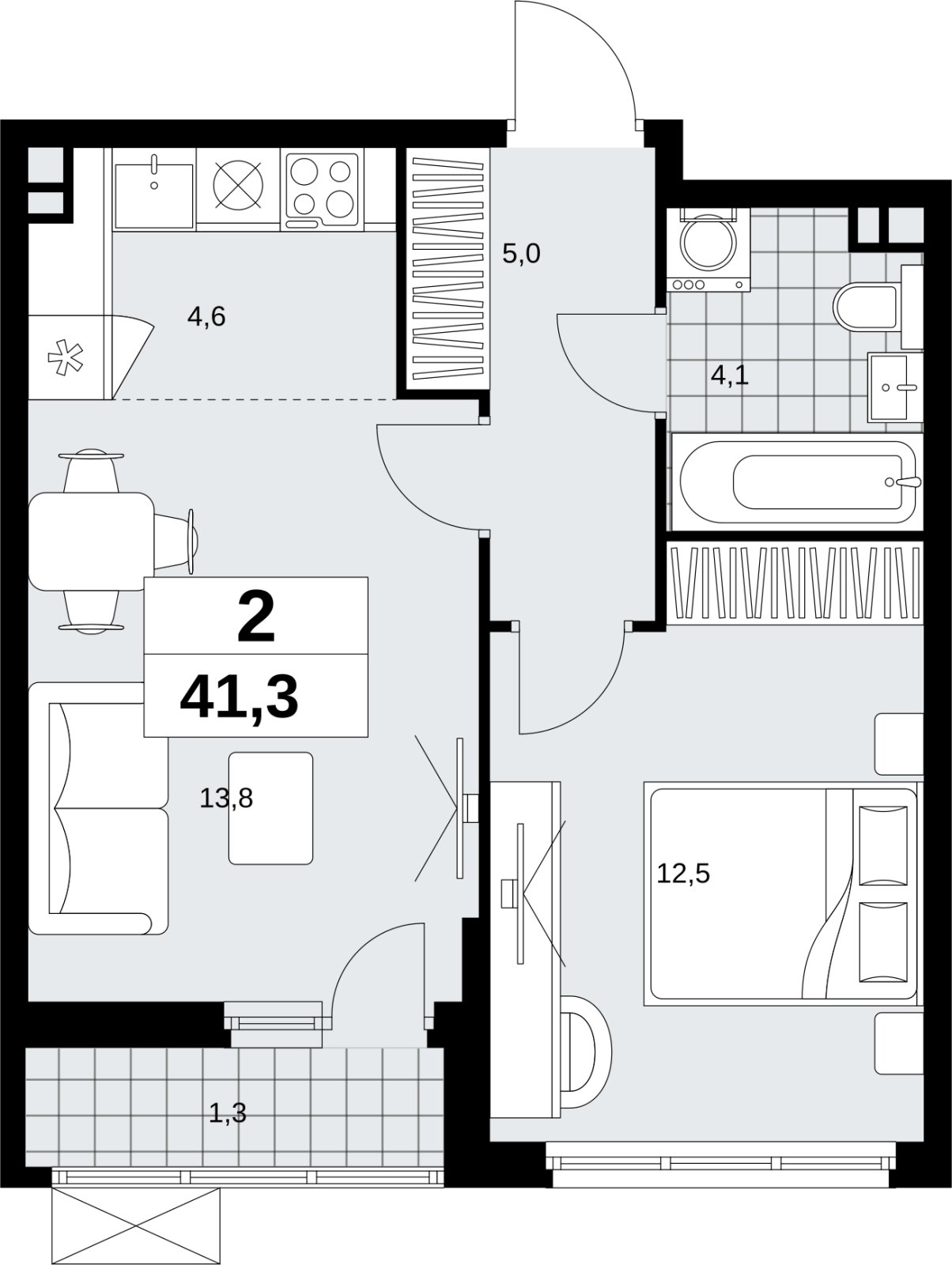 2-комнатная квартира (евро) без отделки, 41.3 м2, 3 этаж, сдача 4 квартал 2026 г., ЖК Скандинавия, корпус 2.18.2.4 - объявление 2351529 - фото №1