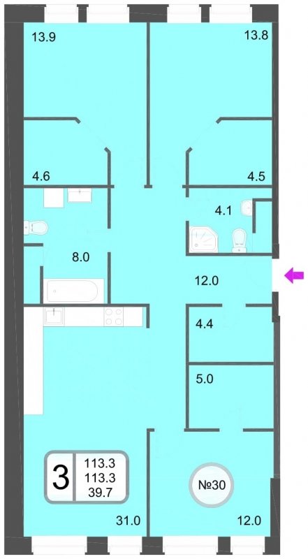 3-комнатная квартира без отделки, 113.3 м2, 11 этаж, дом сдан, ЖК Хорошевский, корпус 1 - объявление 1067678 - фото №1