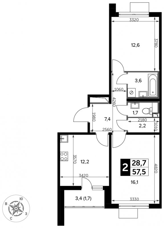 2-комнатная квартира с частичной отделкой, 57.5 м2, 19 этаж, сдача 3 квартал 2023 г., ЖК Южная Битца, корпус 12 - объявление 1684682 - фото №1