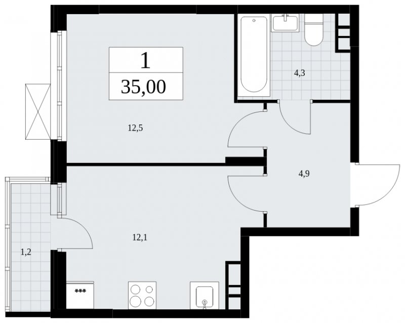 1-комнатная квартира без отделки, 35 м2, 7 этаж, сдача 4 квартал 2024 г., ЖК Скандинавия, корпус 35.2.1 - объявление 1840957 - фото №1
