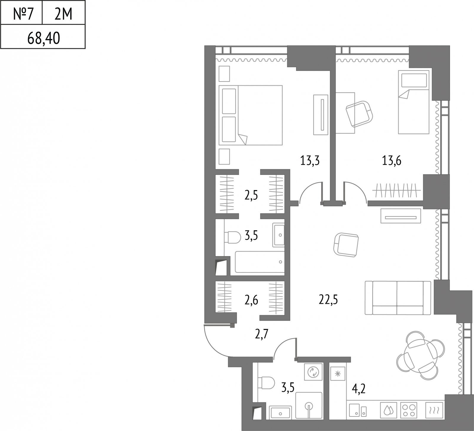 2-комнатная квартира без отделки, 68.4 м2, 37 этаж, сдача 2 квартал 2026 г., ЖК Upside Towers, корпус 1 - объявление 2276374 - фото №1