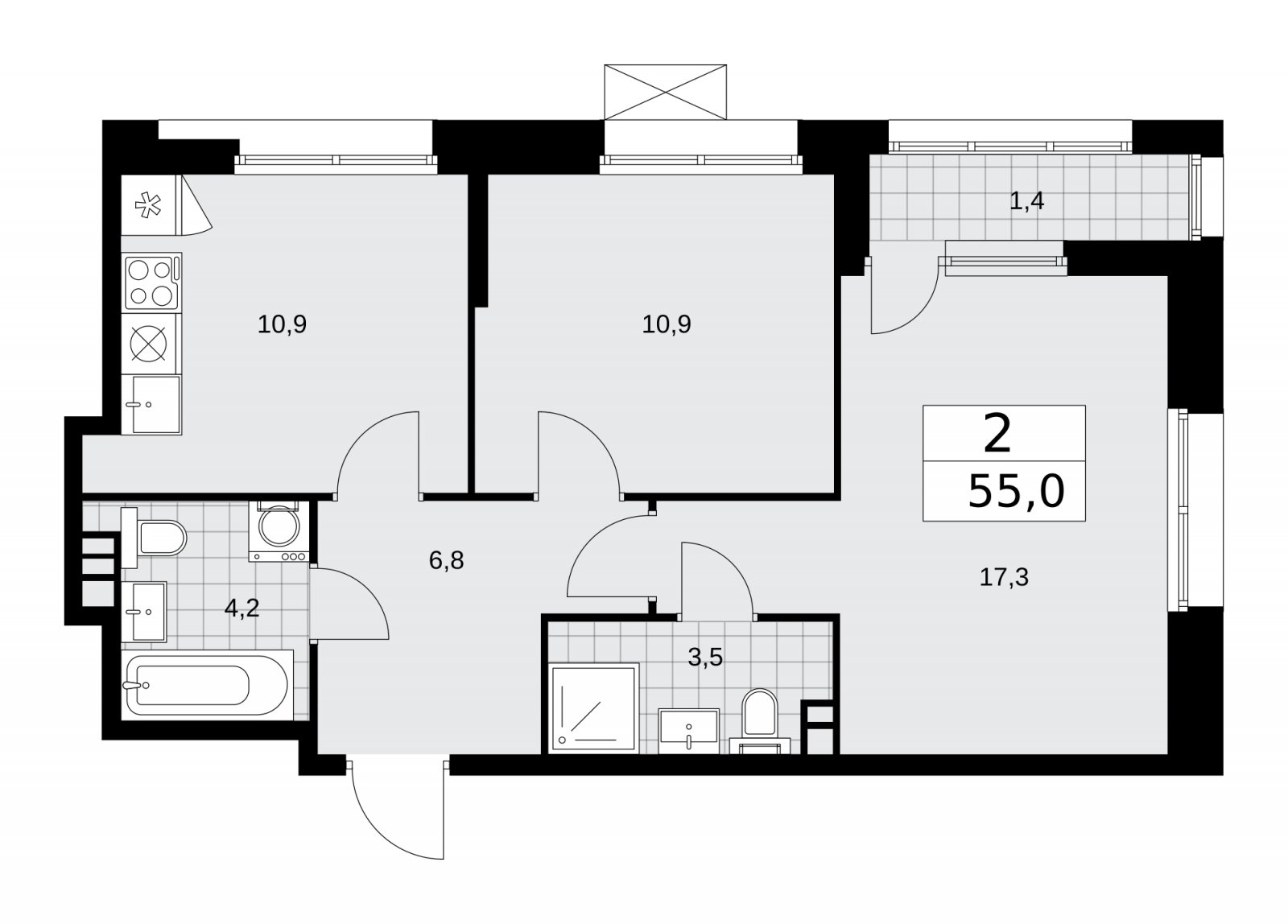 2-комнатная квартира без отделки, 55 м2, 3 этаж, сдача 4 квартал 2025 г., ЖК Бунинские кварталы, корпус 6.4 - объявление 2252708 - фото №1