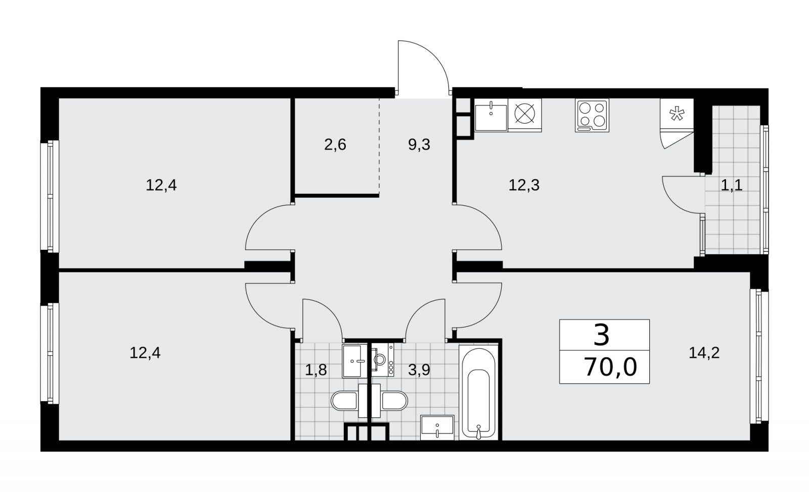 3-комнатная квартира с частичной отделкой, 70 м2, 9 этаж, сдача 2 квартал 2026 г., ЖК Деснаречье, корпус 4.4 - объявление 2264136 - фото №1