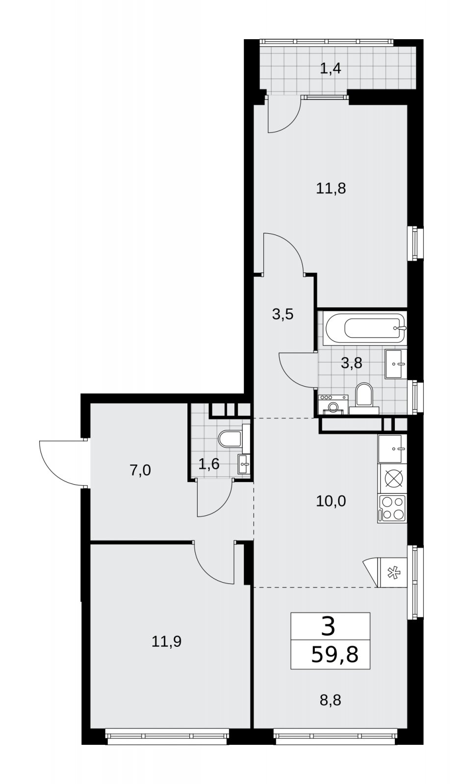 3-комнатная квартира (евро) с полной отделкой, 59.8 м2, 8 этаж, сдача 2 квартал 2026 г., ЖК Деснаречье, корпус 4.8 - объявление 2265293 - фото №1