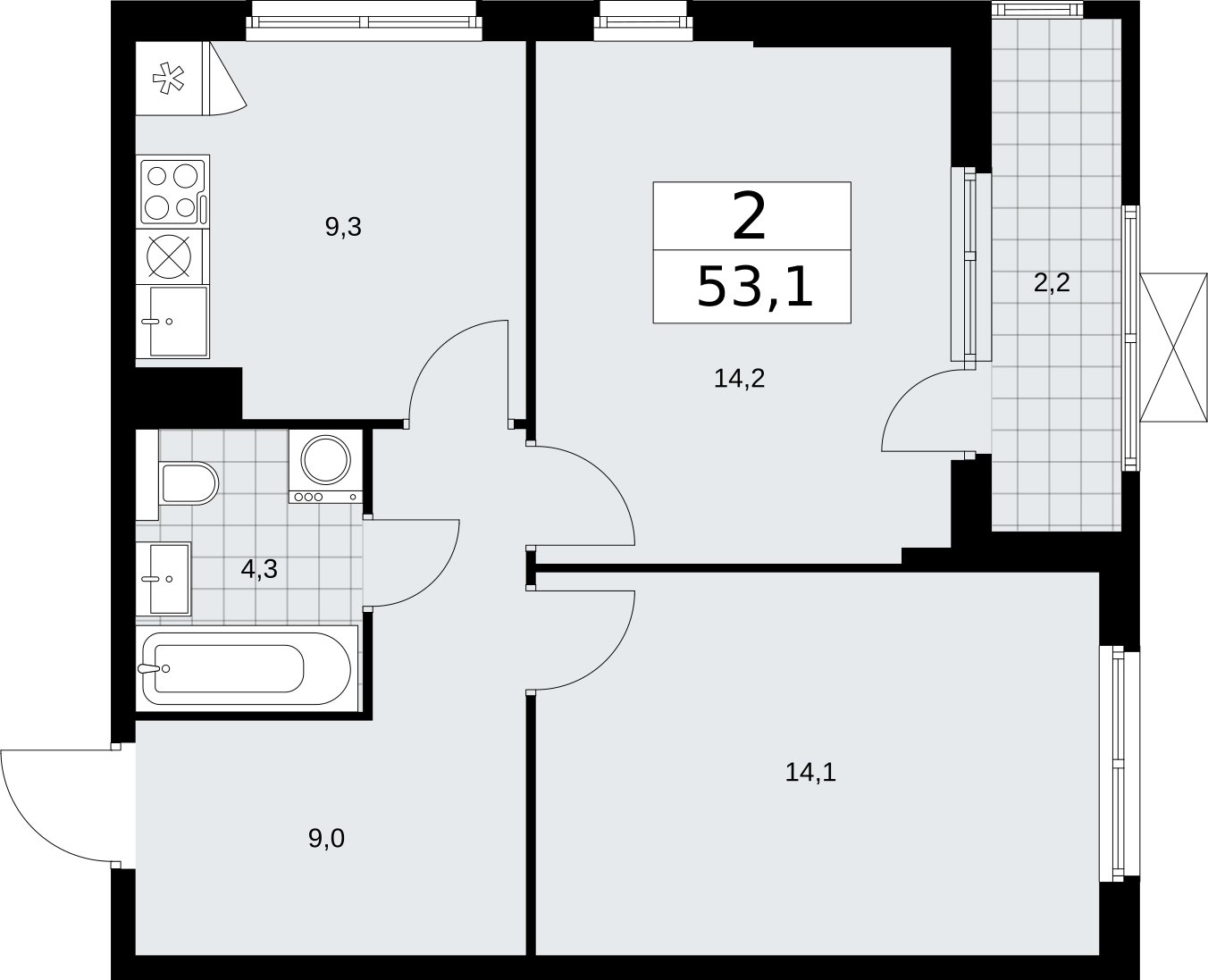 2-комнатная квартира без отделки, 53.1 м2, 3 этаж, сдача 2 квартал 2026 г., ЖК Бунинские кварталы, корпус 7.4 - объявление 2314033 - фото №1