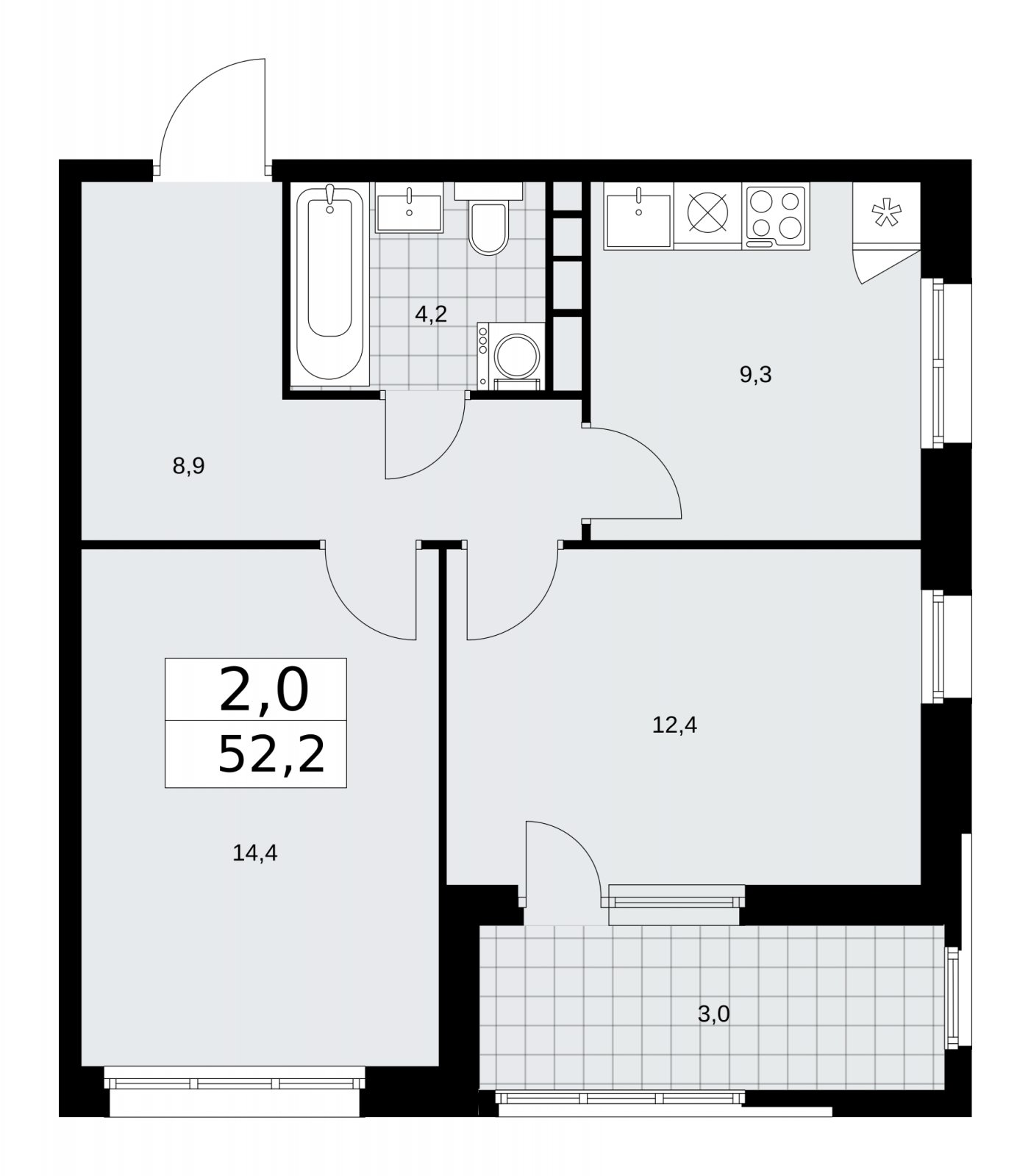 2-комнатная квартира без отделки, 52.2 м2, 24 этаж, сдача 1 квартал 2026 г., ЖК Дзен-кварталы, корпус 3.1 - объявление 2241132 - фото №1