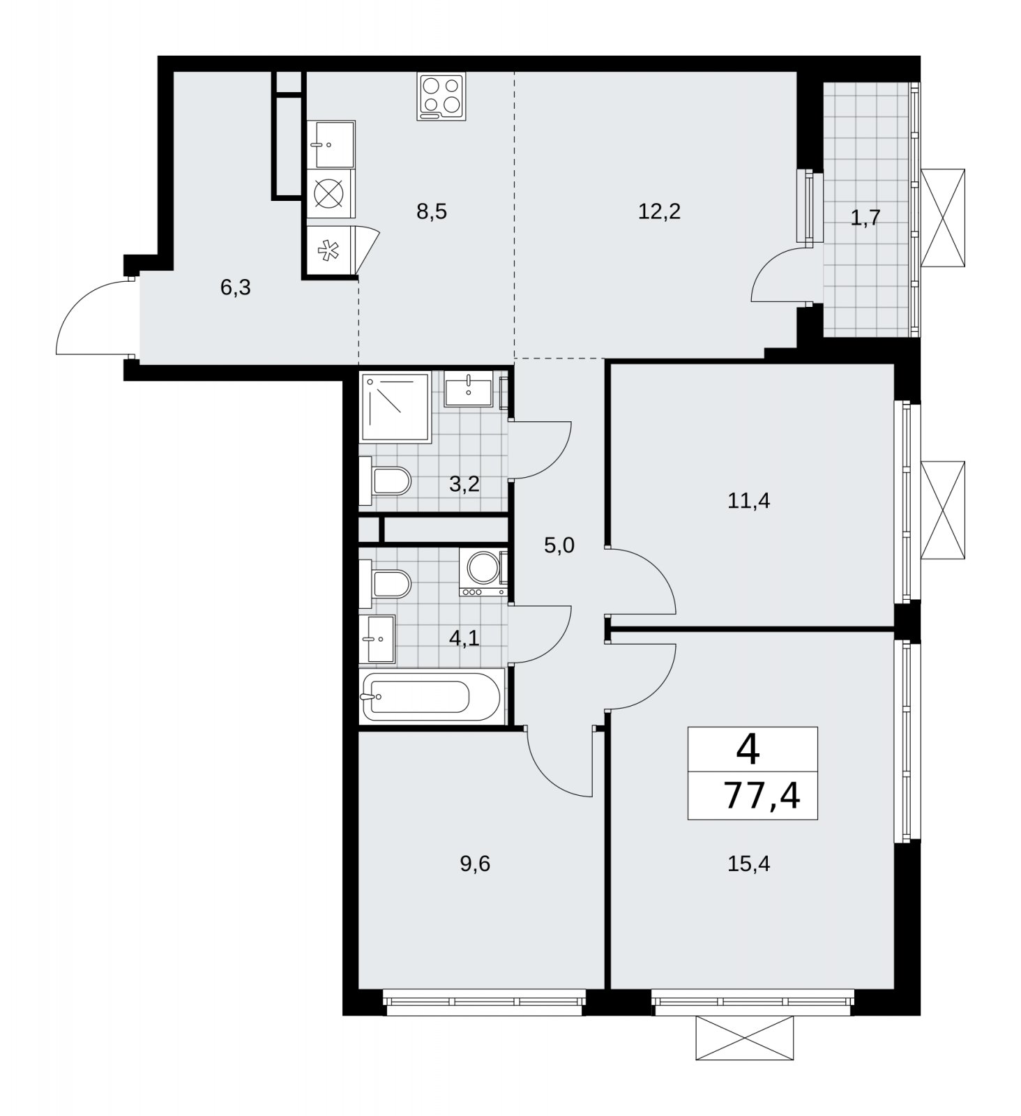 4-комнатная квартира (евро) без отделки, 77.4 м2, 15 этаж, сдача 1 квартал 2026 г., ЖК Прокшино, корпус 11.2.2 - объявление 2270161 - фото №1