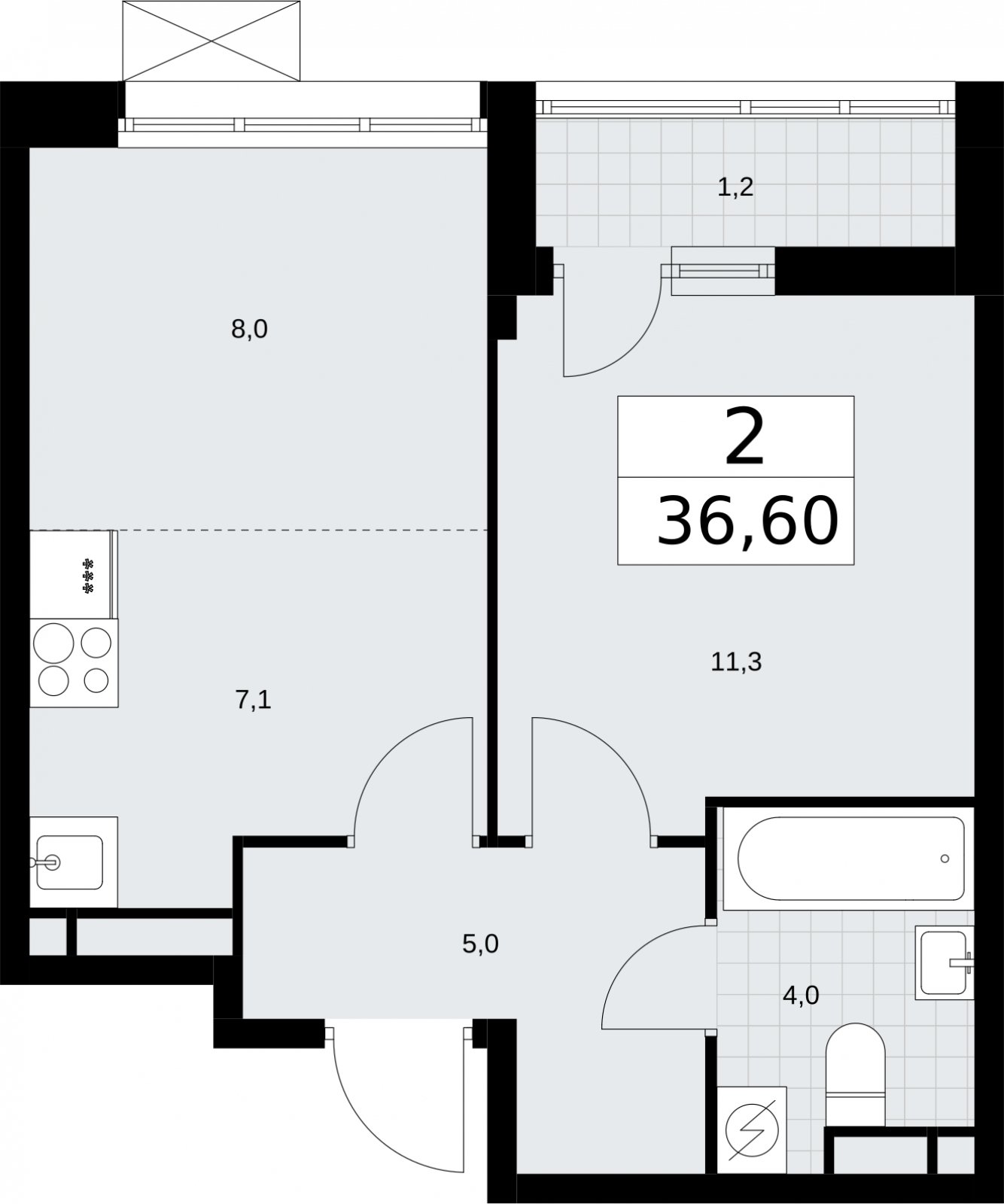 2-комнатная квартира (евро) без отделки, 36.6 м2, 3 этаж, сдача 3 квартал 2026 г., ЖК Родные кварталы, корпус 2 - объявление 2295611 - фото №1