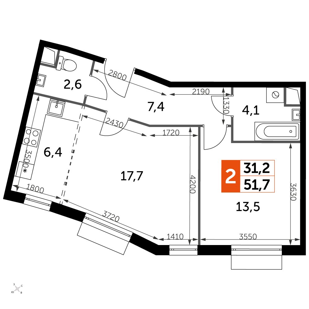 2-комнатная квартира без отделки, 52.2 м2, 1 этаж, дом сдан, ЖК UP-квартал Римский, корпус 7 - объявление 2353934 - фото №1
