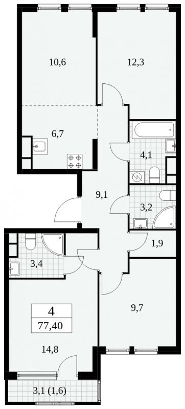 4-комнатная квартира (евро) без отделки, 77.4 м2, 9 этаж, сдача 2 квартал 2025 г., ЖК Южные сады, корпус 2.4 - объявление 1760452 - фото №1