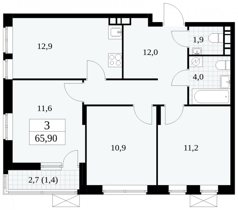 3-комнатная квартира без отделки, 65.9 м2, 13 этаж, сдача 1 квартал 2025 г., ЖК Прокшино, корпус 5.2.5 - объявление 1900934 - фото №1