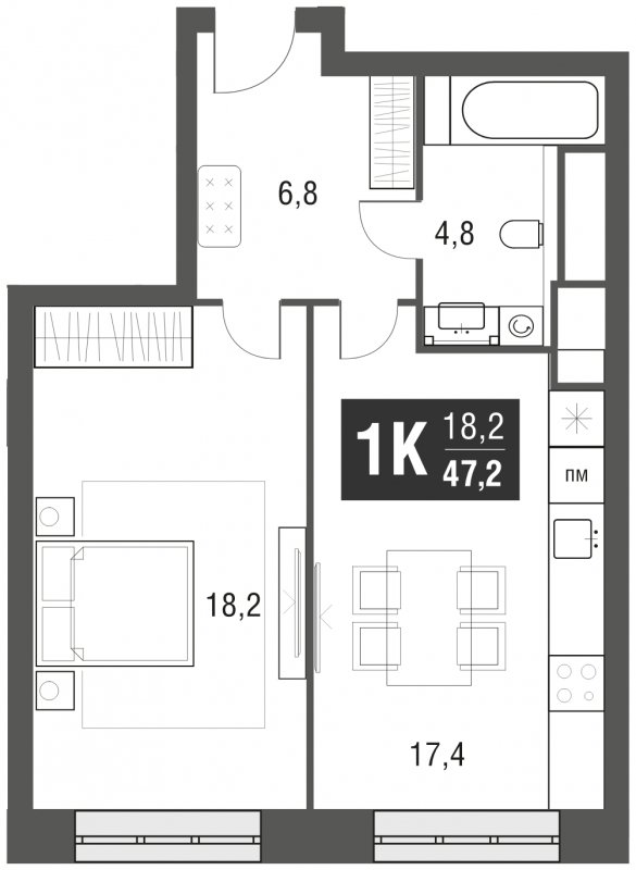 1-комнатная квартира с частичной отделкой, 47.2 м2, 24 этаж, сдача 2 квартал 2024 г., ЖК AFI Tower, корпус 1 - объявление 1930826 - фото №1