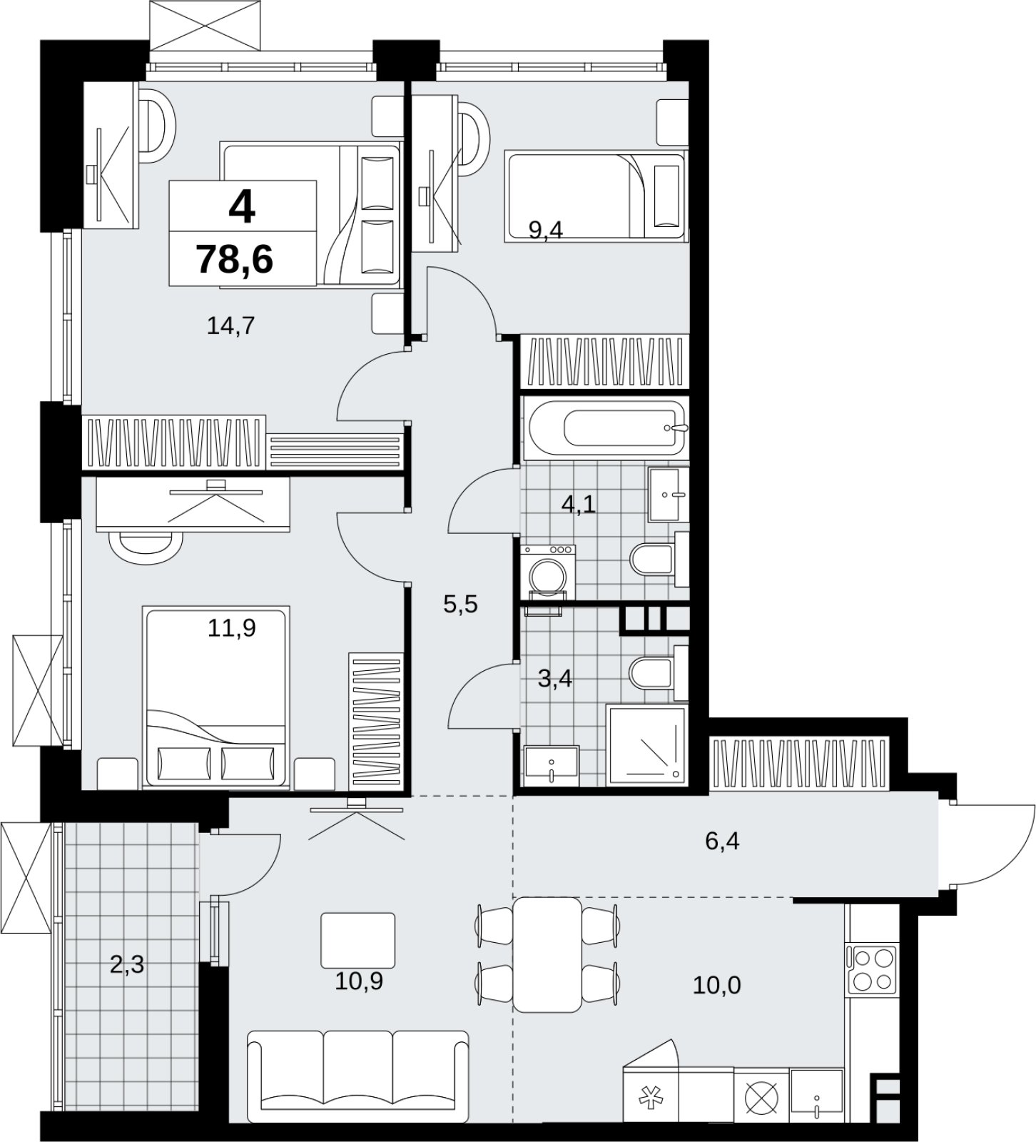 4-комнатная квартира (евро) без отделки, 78.6 м2, 3 этаж, сдача 4 квартал 2026 г., ЖК Скандинавия, корпус 2.18.2.6 - объявление 2351719 - фото №1