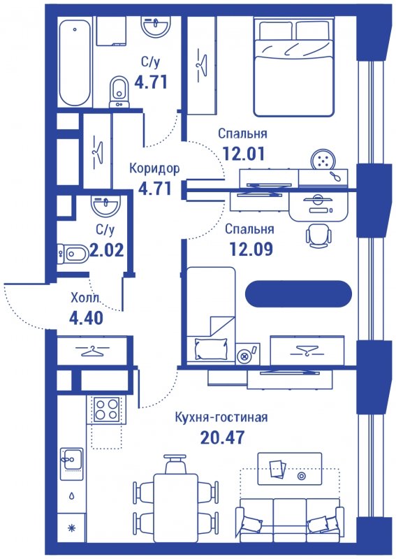3-комнатная квартира с полной отделкой, 60.41 м2, 6 этаж, сдача 3 квартал 2024 г., ЖК iLove, корпус 2 - объявление 1544084 - фото №1