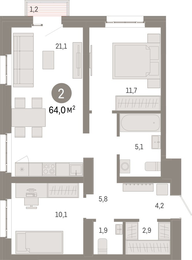 2-комнатная квартира 64 м2, 9 этаж, сдача 3 квартал 2026 г., ЖК Квартал Метроном, корпус 1 - объявление 2372106 - фото №1