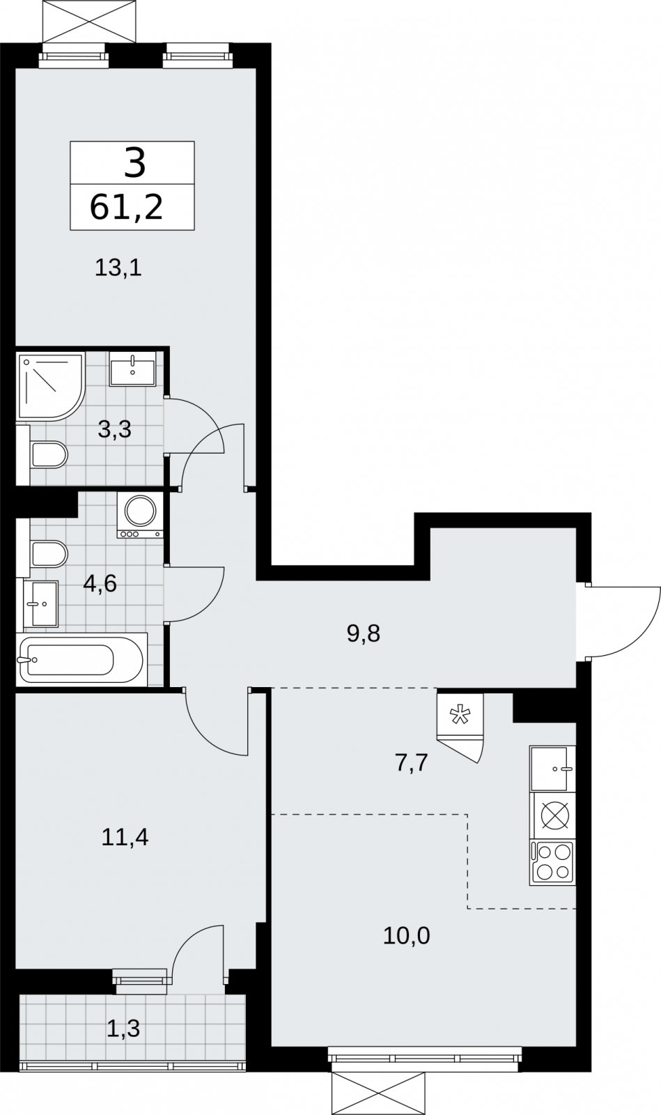 3-комнатная квартира (евро) без отделки, 61.2 м2, 6 этаж, сдача 2 квартал 2026 г., ЖК Бунинские кварталы, корпус 7.3 - объявление 2313666 - фото №1