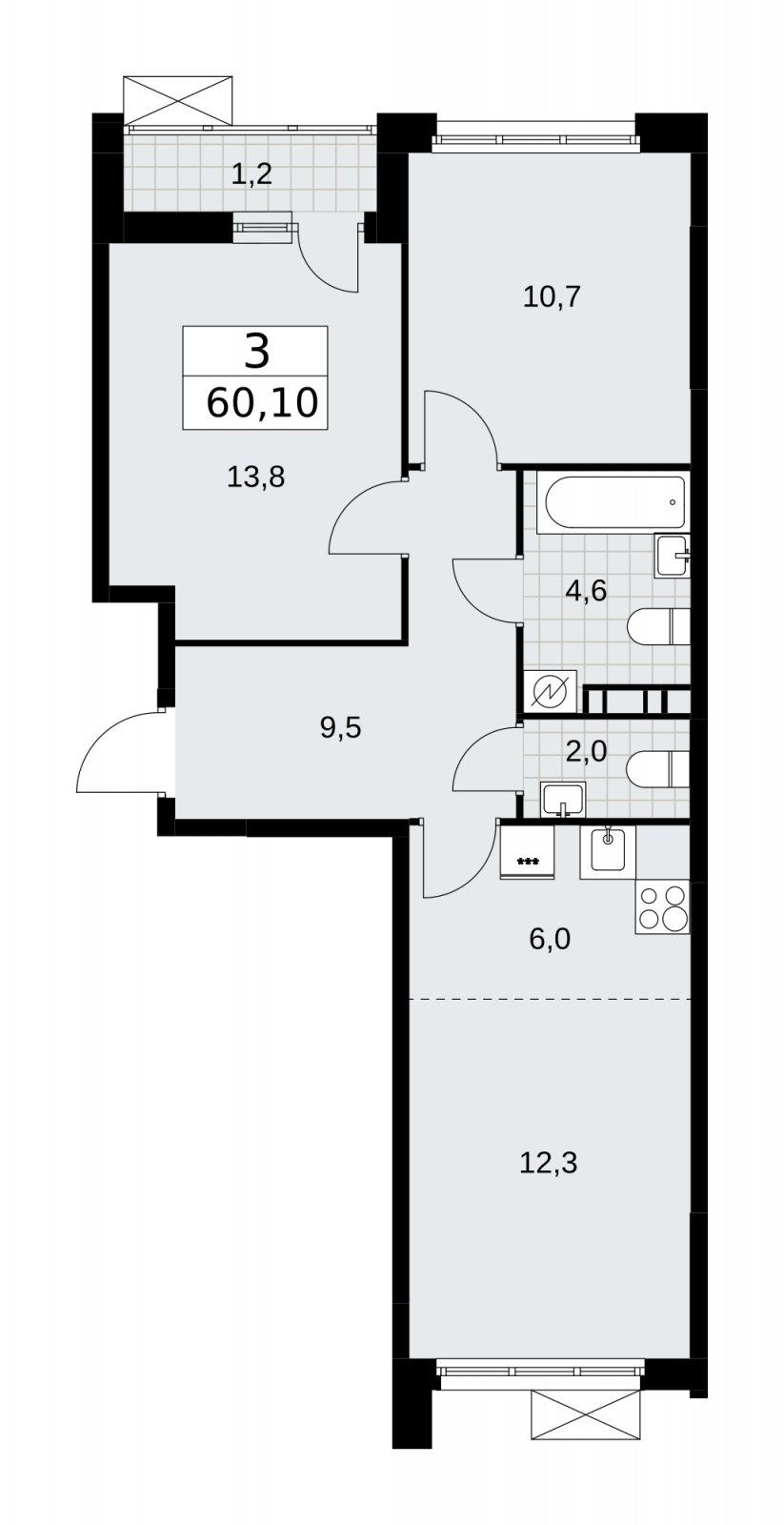 3-комнатная квартира (евро) без отделки, 60.1 м2, 6 этаж, сдача 3 квартал 2025 г., ЖК Скандинавия, корпус 28.1 - объявление 2202013 - фото №1
