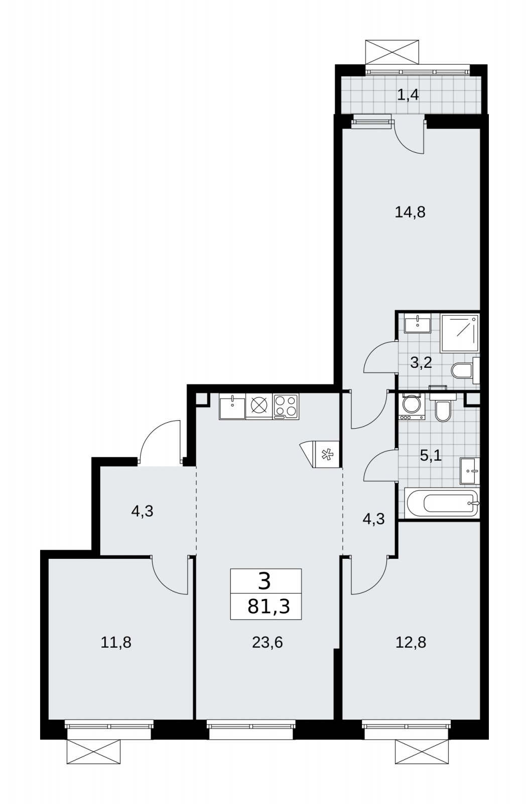 3-комнатная квартира без отделки, 81.3 м2, 2 этаж, сдача 2 квартал 2026 г., ЖК Скандинавия, корпус 25.5 - объявление 2283681 - фото №1