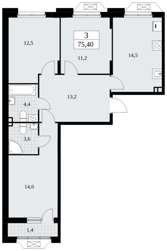 3-комнатная квартира без отделки, 75.4 м2, 3 этаж, сдача 4 квартал 2024 г., ЖК Бунинские кварталы, корпус 1.3 - объявление 1834570 - фото №1