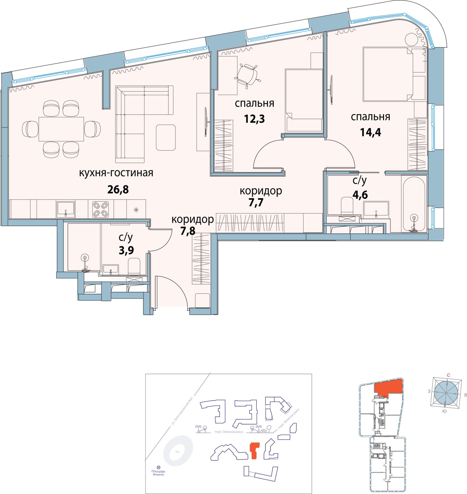 3-комнатная квартира с полной отделкой, 78.2 м2, 3 этаж, дом сдан, ЖК Символ, корпус 25 (квартал "Искренность") - объявление 2356605 - фото №1