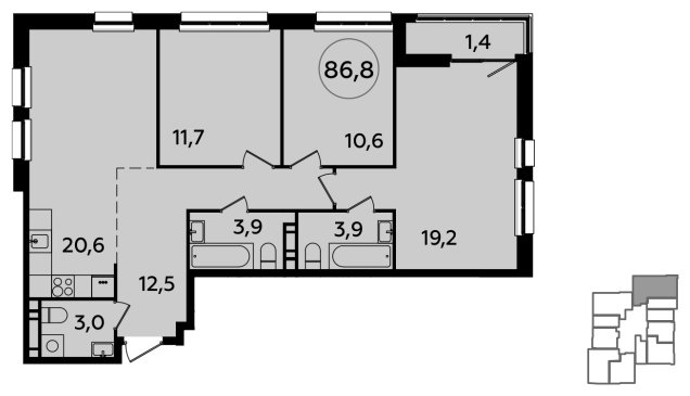 3-комнатная квартира без отделки, 86.8 м2, 19 этаж, сдача 1 квартал 2024 г., ЖК Южные сады, корпус 1.2 - объявление 1512217 - фото №1
