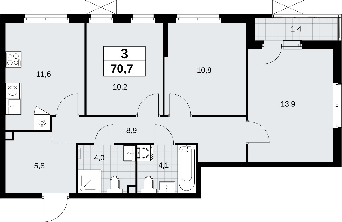 3-комнатная квартира с полной отделкой, 70.7 м2, 2 этаж, сдача 3 квартал 2026 г., ЖК Дзен-кварталы, корпус 6.1.3 - объявление 2327688 - фото №1