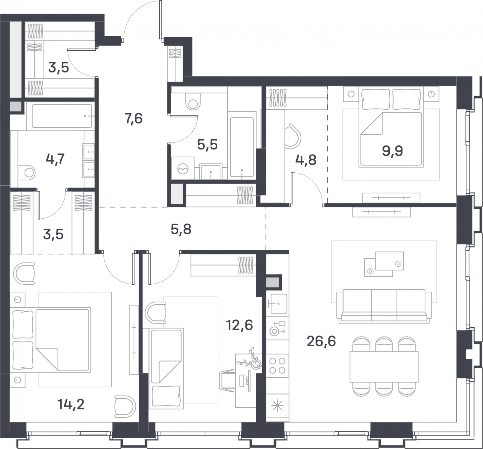 3-комнатная квартира 98.7 м2, 5 этаж, сдача 4 квартал 2025 г., ЖК Portland, корпус 4 - объявление 2342881 - фото №1