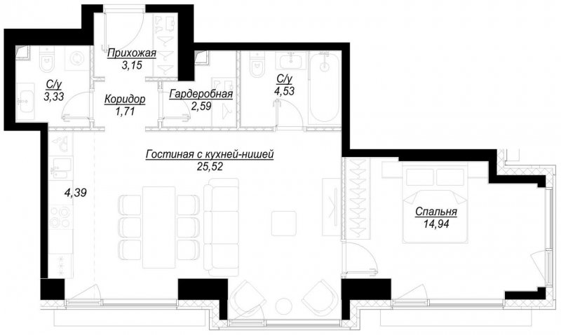 1-комнатная квартира с частичной отделкой, 60.2 м2, 12 этаж, сдача 1 квартал 2023 г., ЖК Hide, корпус RiverSide - объявление 1756871 - фото №1