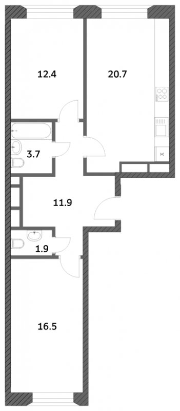 2-комнатная квартира с частичной отделкой, 67.13 м2, 25 этаж, сдача 4 квартал 2023 г., ЖК Городские истории, корпус 3 - объявление 1525727 - фото №1