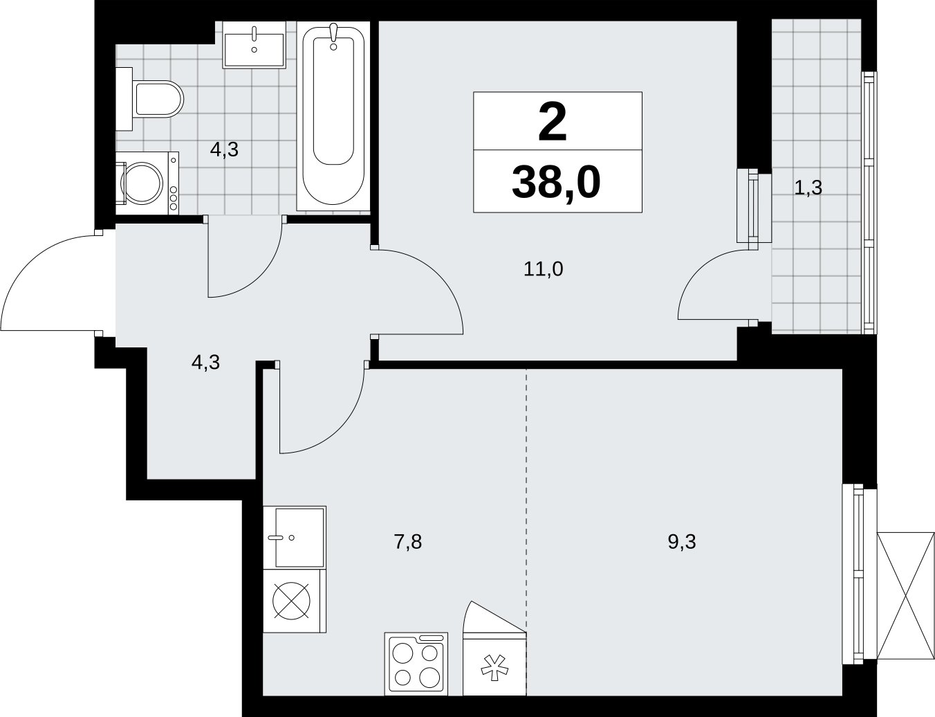 2-комнатная квартира (евро) с полной отделкой, 38 м2, 6 этаж, сдача 3 квартал 2026 г., ЖК Дзен-кварталы, корпус 6.1.3 - объявление 2327822 - фото №1