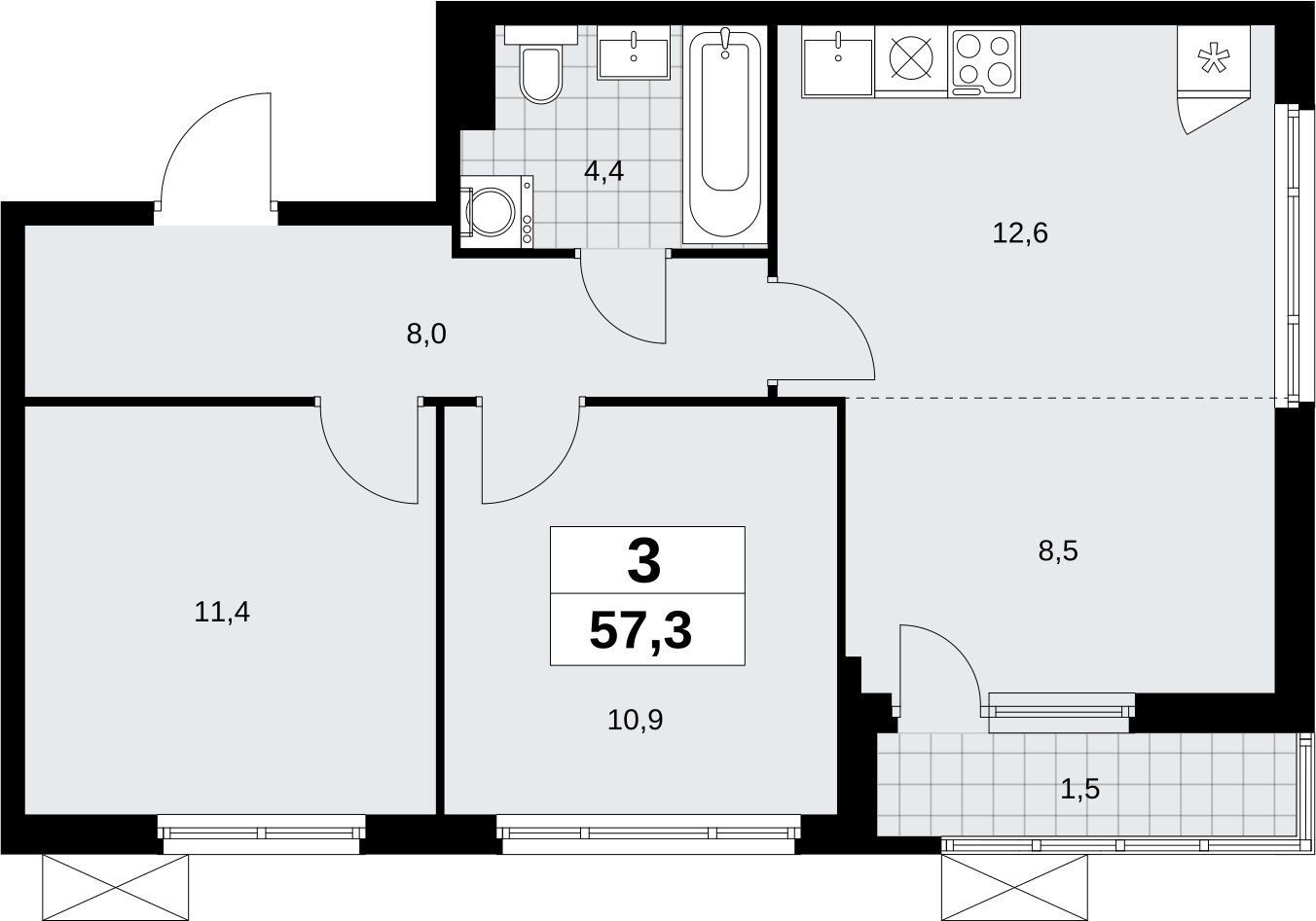 3-комнатная квартира (евро) с полной отделкой, 57.3 м2, 4 этаж, сдача 3 квартал 2026 г., ЖК Дзен-кварталы, корпус 6.1.3 - объявление 2328110 - фото №1