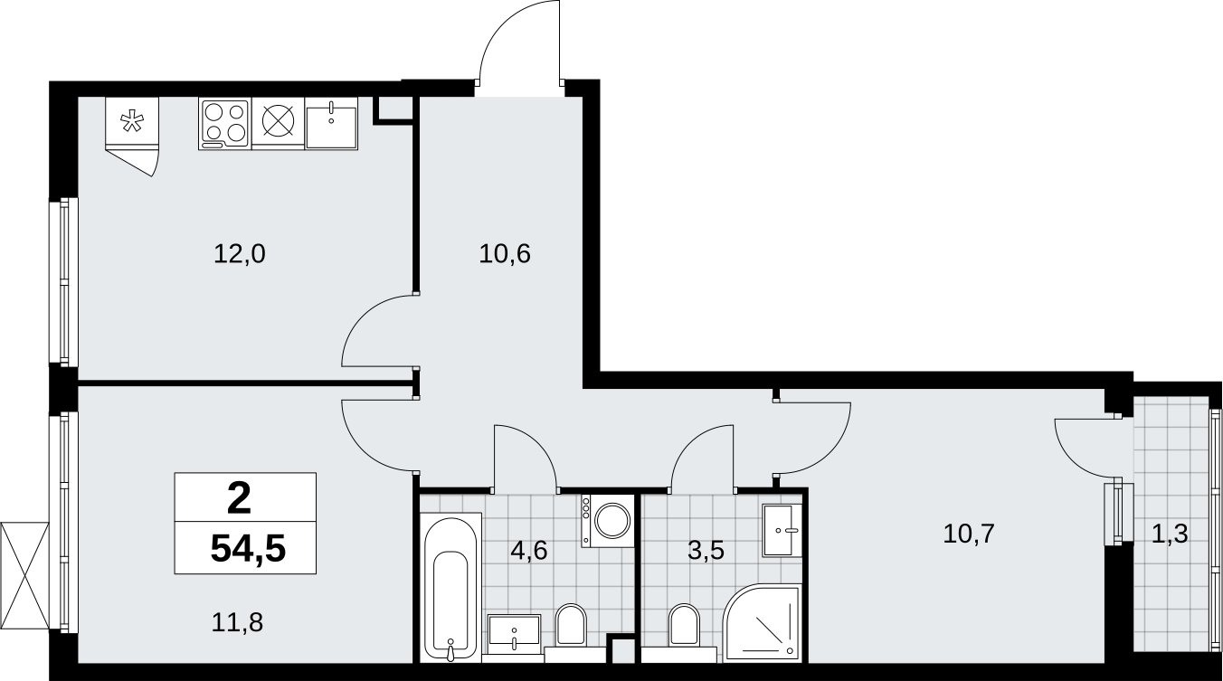 2-комнатная квартира без отделки, 54.5 м2, 2 этаж, сдача 2 квартал 2026 г., ЖК Бунинские кварталы, корпус 9.1 - объявление 2323522 - фото №1