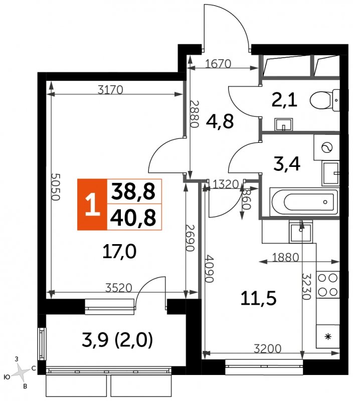 1-комнатная квартира с частичной отделкой, 40.8 м2, 10 этаж, сдача 3 квартал 2023 г., ЖК UP-квартал Римский, корпус 7 - объявление 1849964 - фото №1